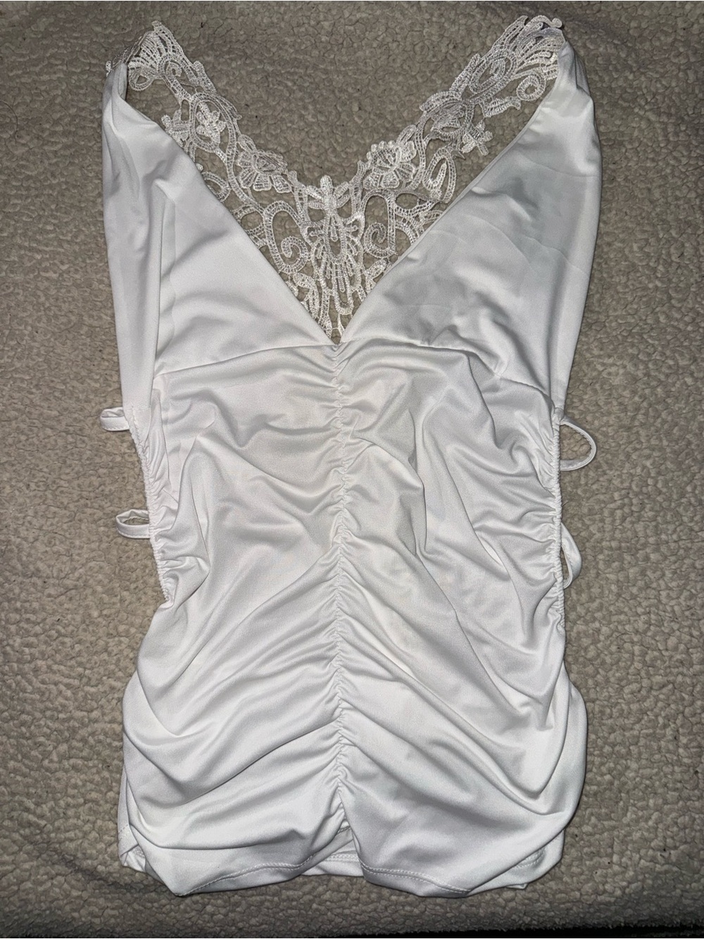 White Lace-Trim Ruched V-Neck Tank
